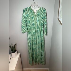 Nimo TuckerNuck Palm Tree Green Stripe Cotton Maxi Dress Preppy Resortwear Sz L